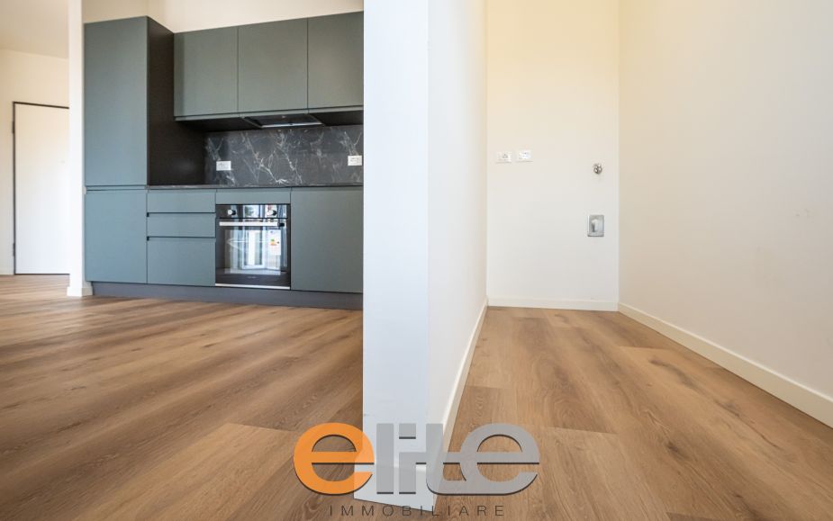 The apartment opens onto a living room with a brand-new, never-used open-plan kitchen