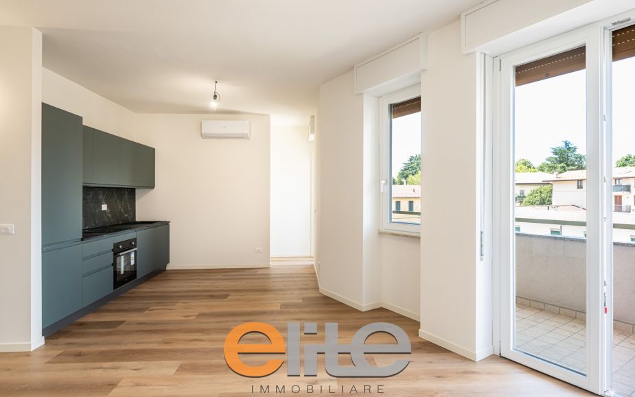 The apartment opens onto a living room with a brand-new, never-used open-plan kitchen