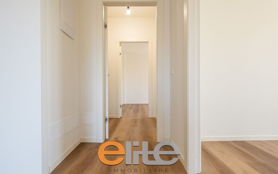 The apartment opens onto a living room with a brand-new, never-used open-plan kitchen