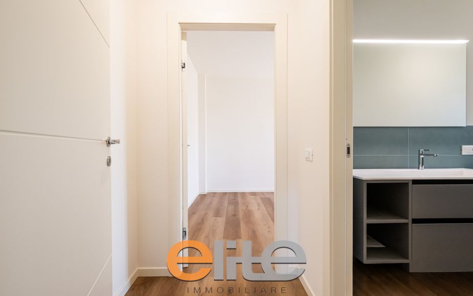 The apartment opens onto a living room with a brand-new, never-used open-plan kitchen