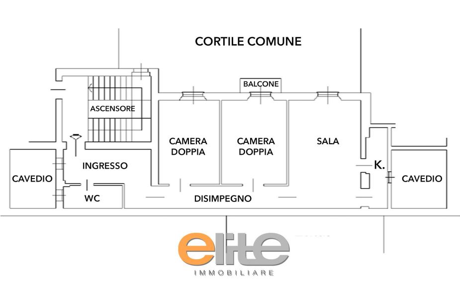 trilocale con camere doppie in casa d'epoca.